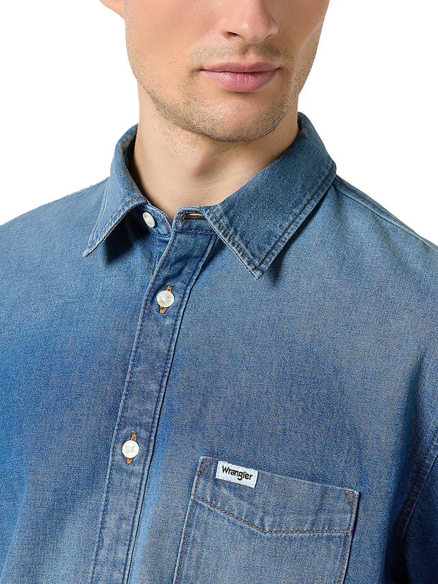 Wrangler - Denim Short Sleeve Shirt - 1 PKT SHIRT Mid Stone