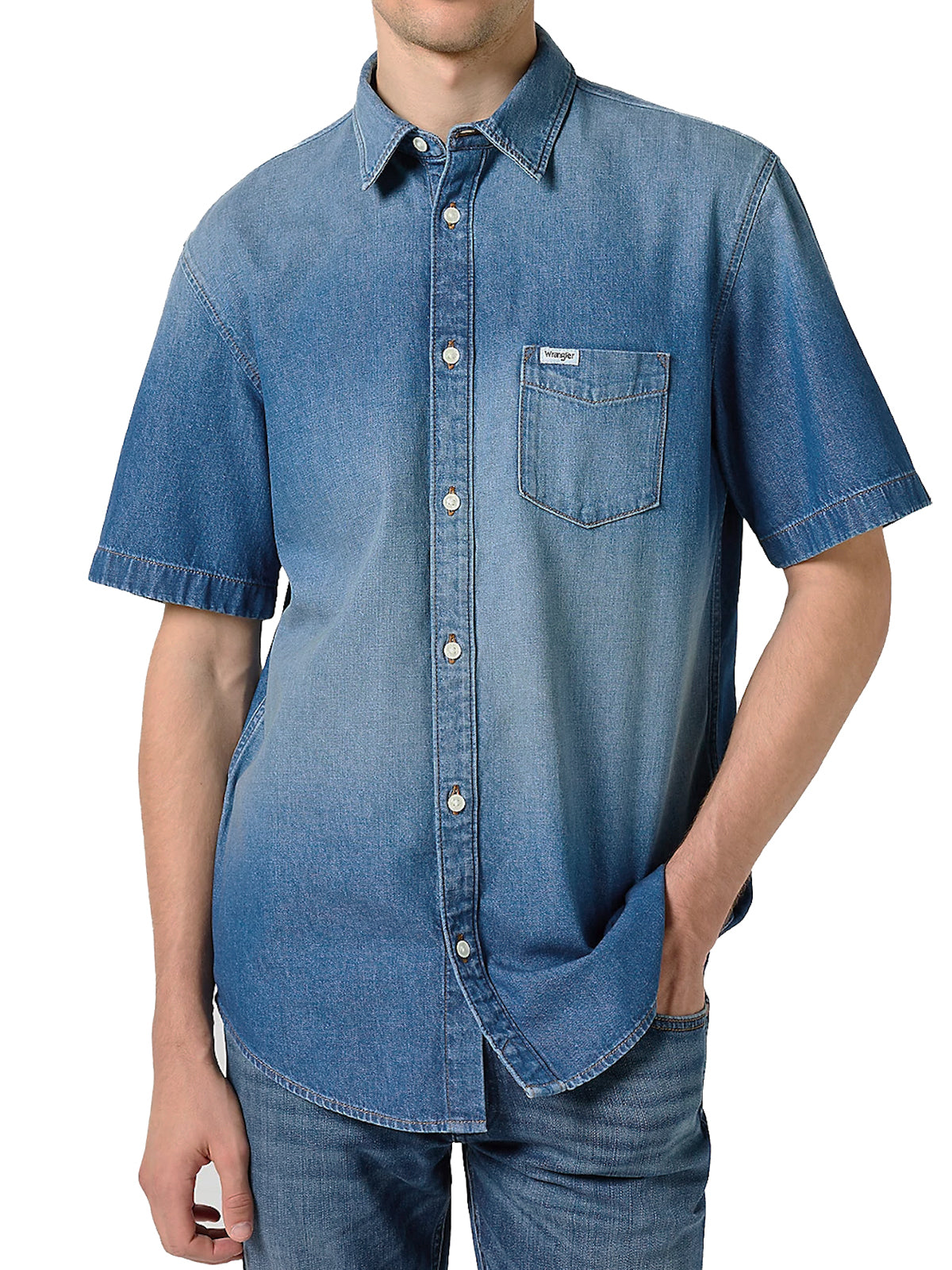 Wrangler - Denim Short Sleeve Shirt - 1 PKT SHIRT Mid Stone